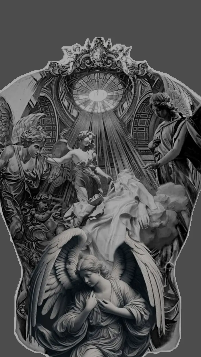 Espalda completa de temática religiosa en black and grey